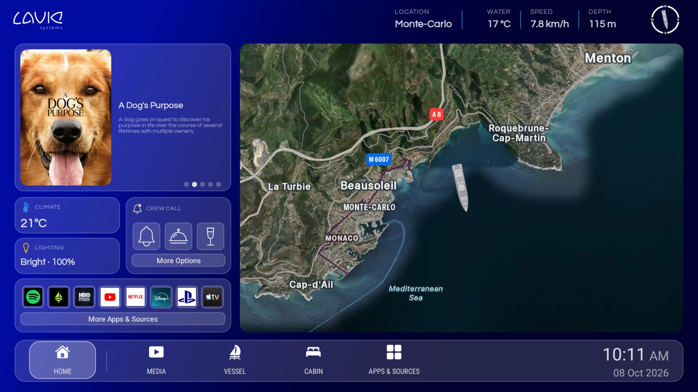 LAVIE home dashboard showing onboard entertainment, yacht position, climate, lighting and crew service